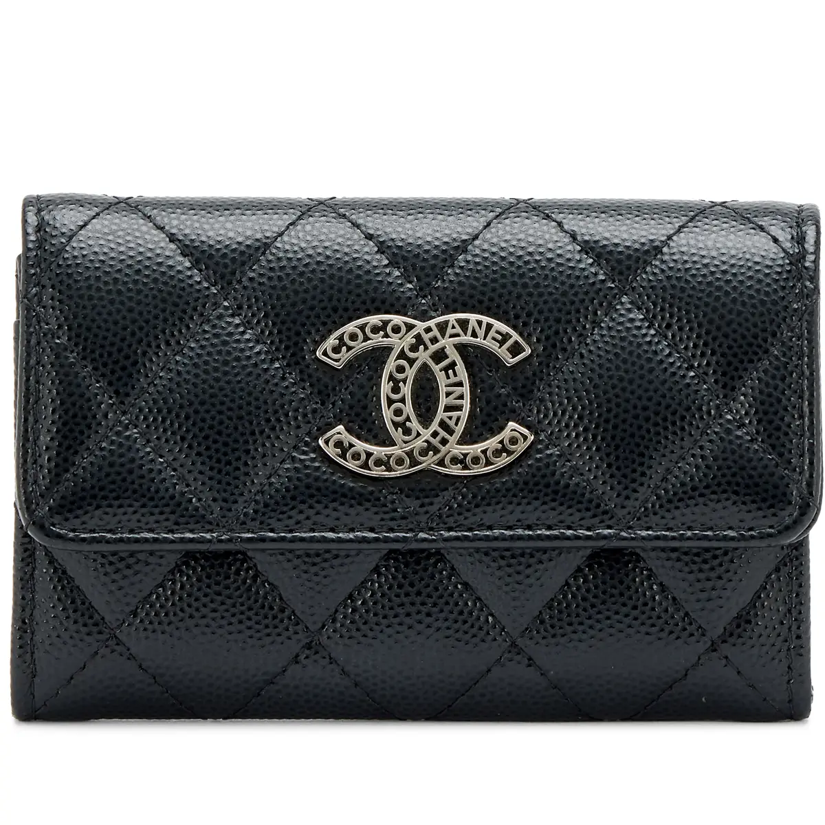 Black Quilted Caviar Letter CC Flap Card Holder Silver Hardware, 2024
