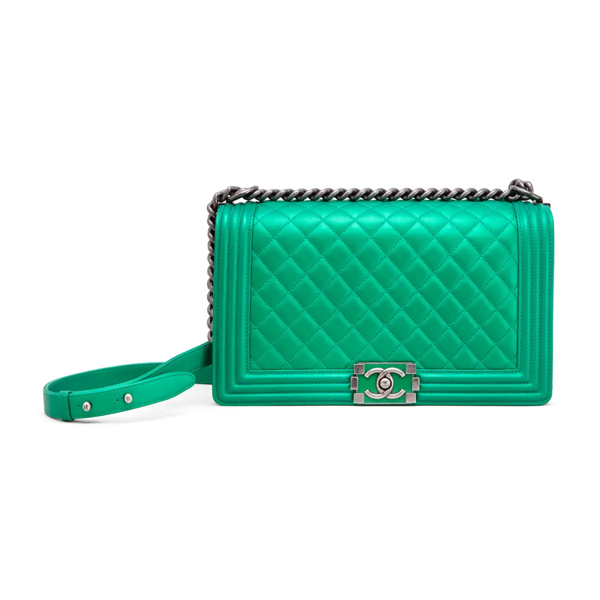 Metallic Green Quilted Patent Calfskin Medium Boy Bag Ruthenium Hardware