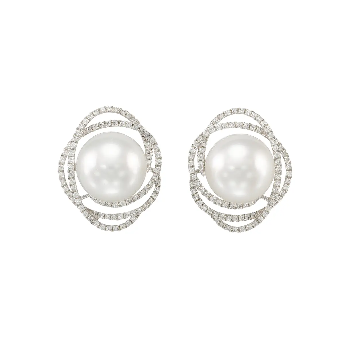 White Gold, Cultured Pearl and Diamond Stud Earrings