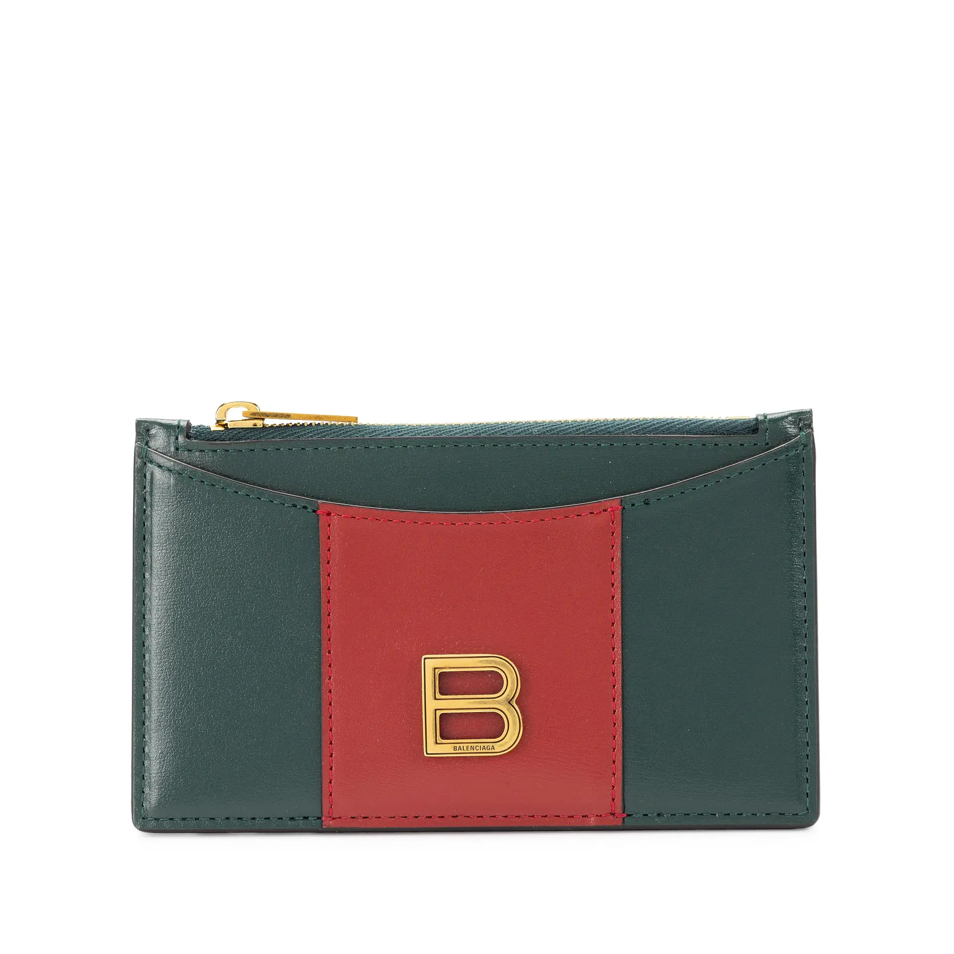 Green and Red Leather Zip Card Case Wallet Gold Hardware, 2021