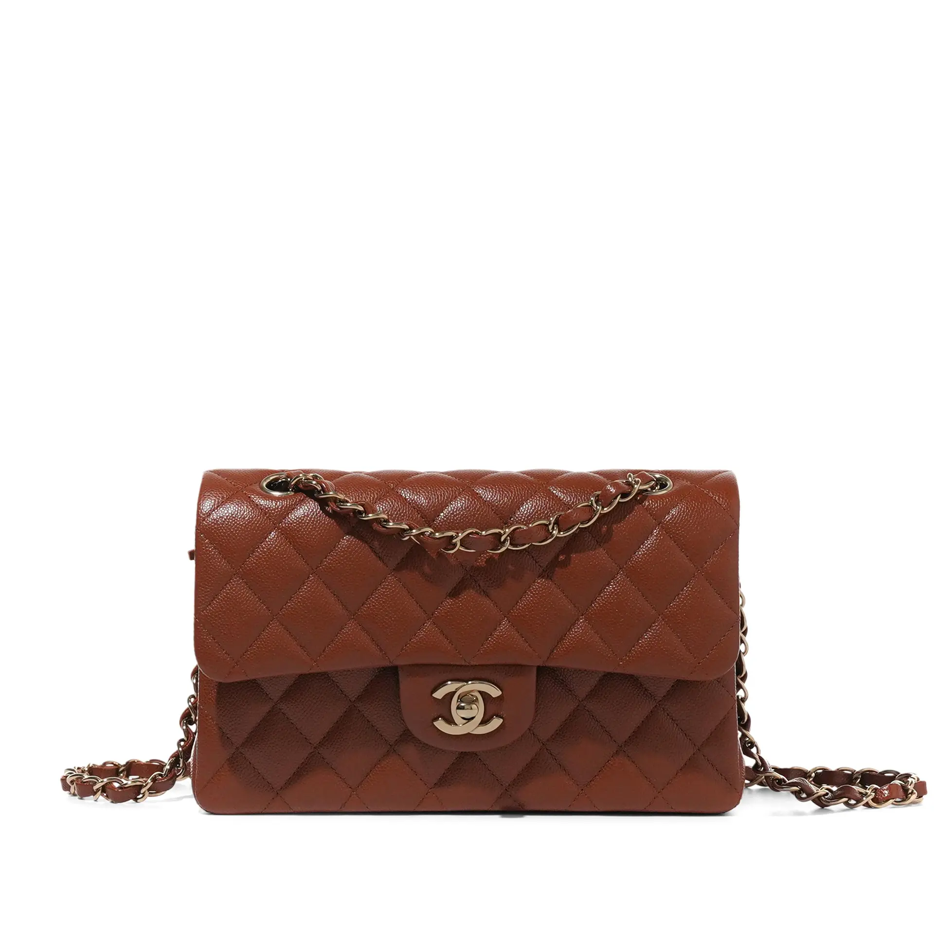 Brown Quilted Caviar Small Timeless Double Flap Brushed Gold Hardware
