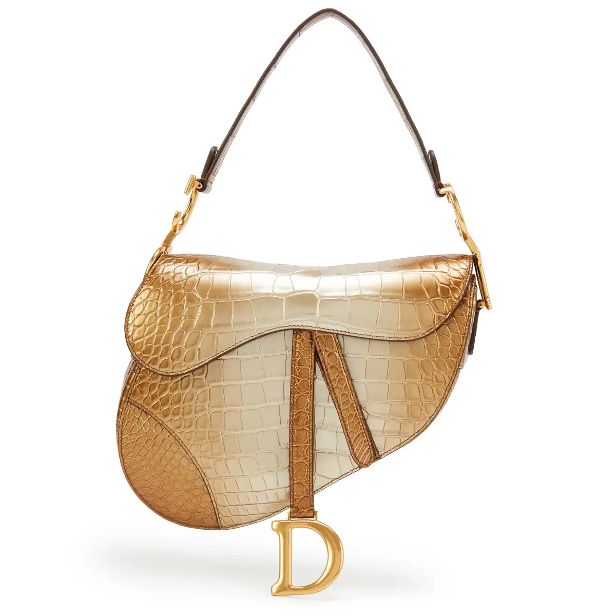 Metallic Gold Gradient Shiny Alligator Saddle Bag Gold Hardware, 2020