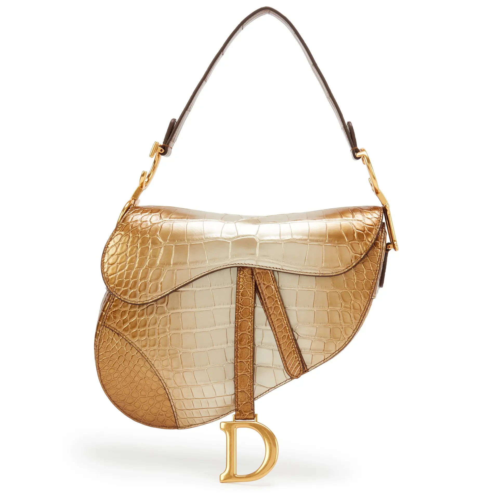 Metallic Gold Gradient Shiny Alligator Saddle Bag Gold Hardware, 2020