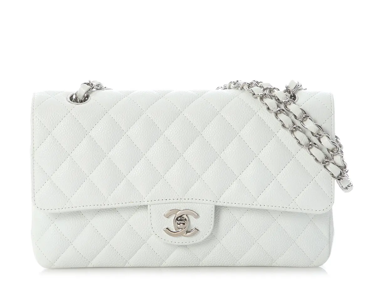 White Quilted Caviar Medium Classic Double Flap Bag Silver Hardware, 2006-2008