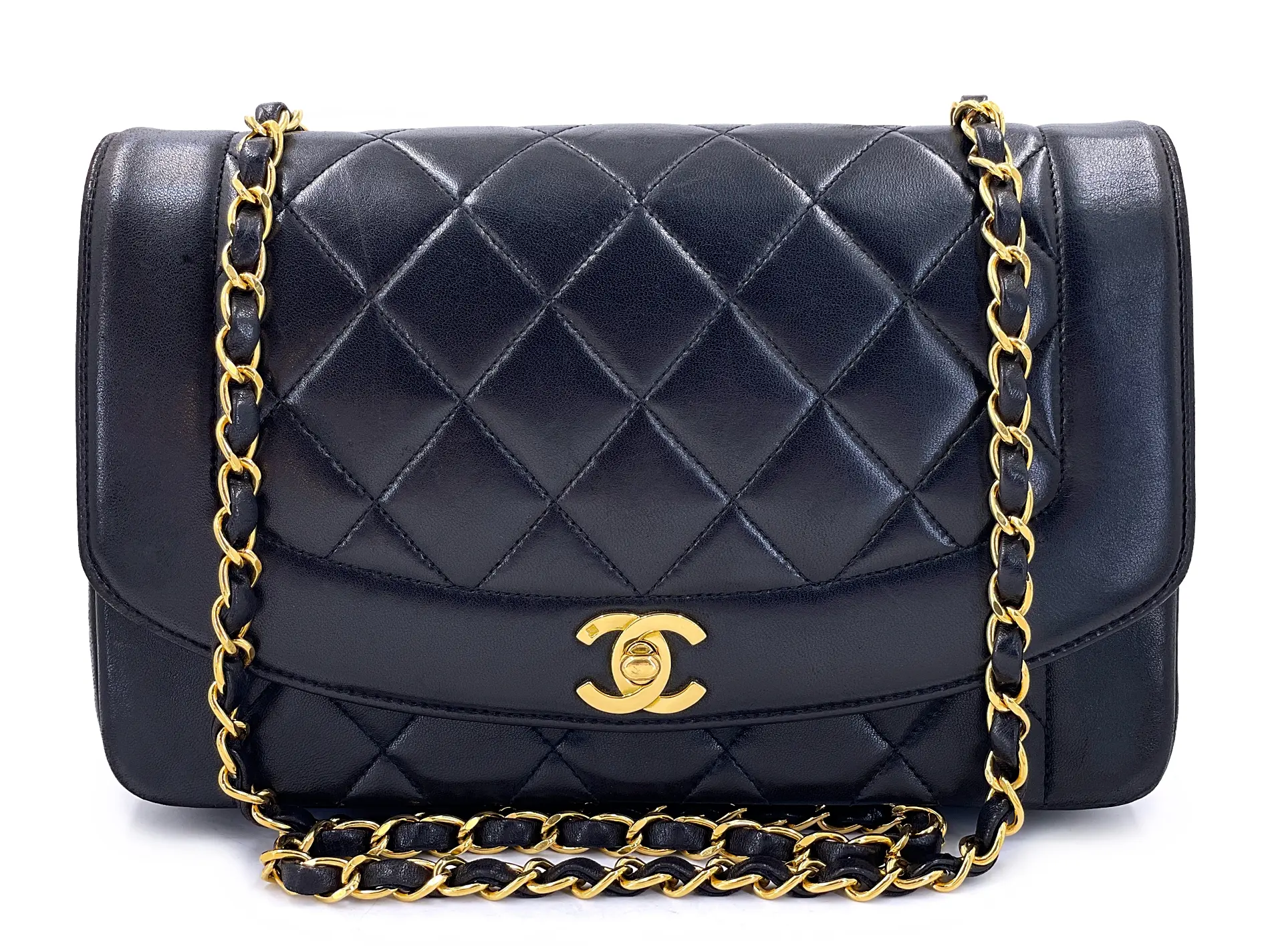 Vintage Black Quilted Lambskin Medium Diana Flap Bag Gold Hardware, 1994