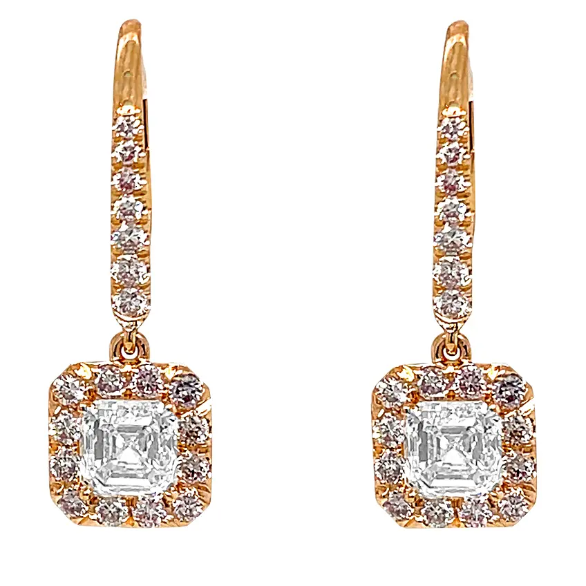 Rose Gold, 2.02ct Emerald Cut Diamond and Pink Diamond Drop Earrings