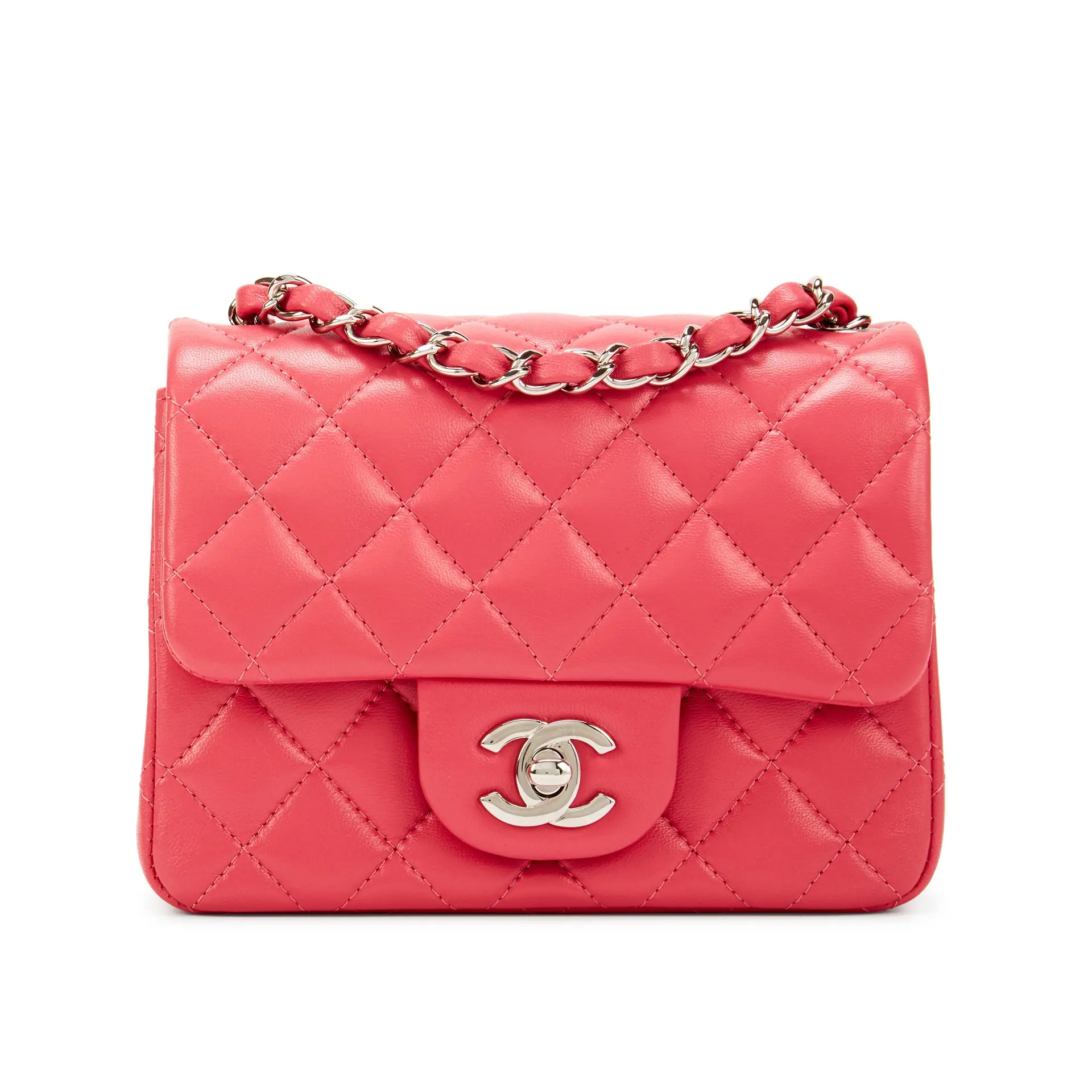 Pink Quilted Lambskin Mini Square Classic Single Flap Silver Hardware, 2019