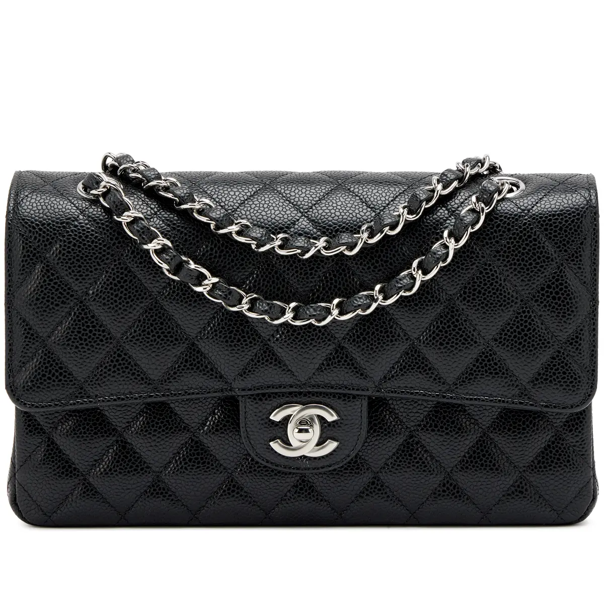 Black Quilted Caviar Medium Classic Double Flap Bag Silver Hardware, 2022