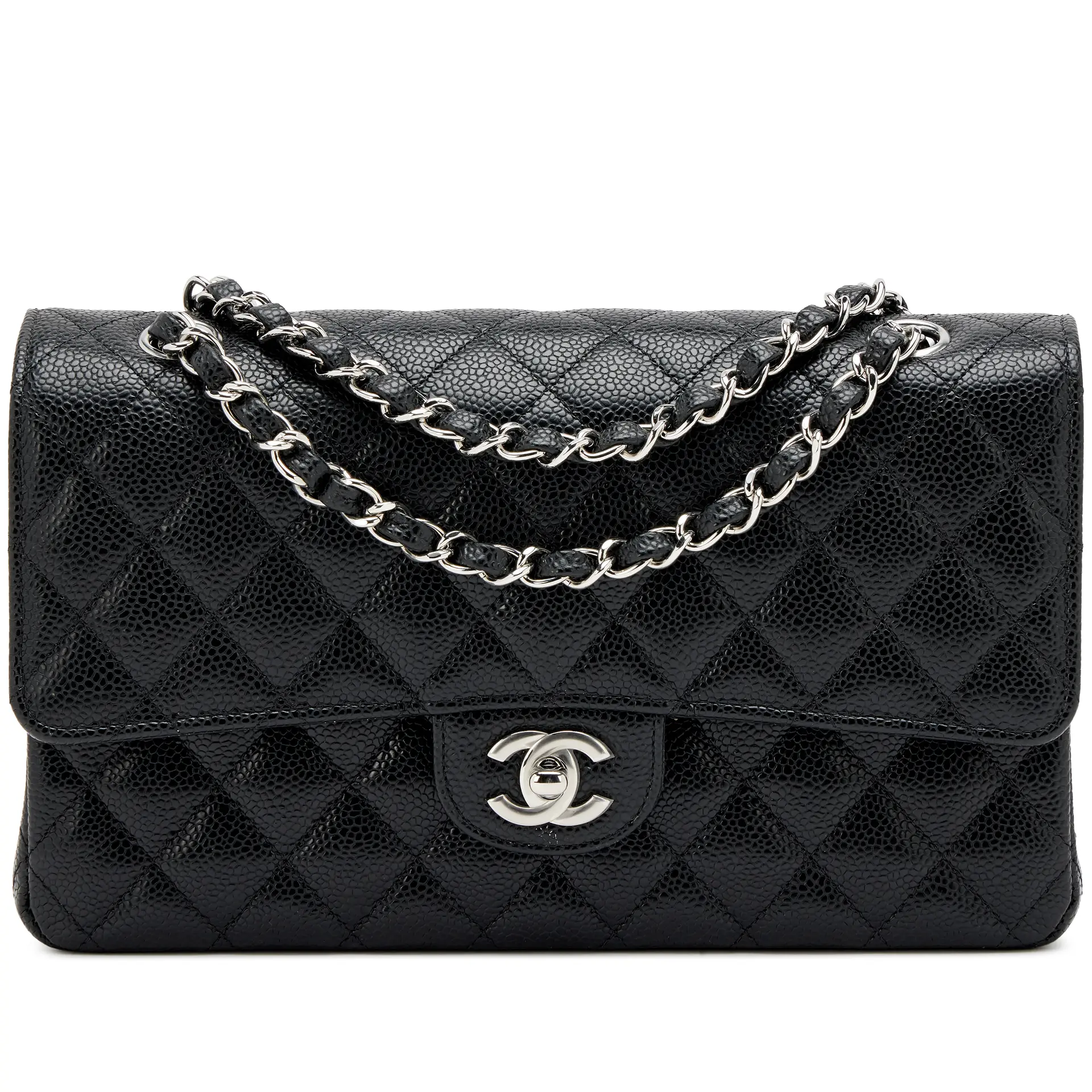 Black Quilted Caviar Medium Classic Double Flap Bag Silver Hardware, 2022