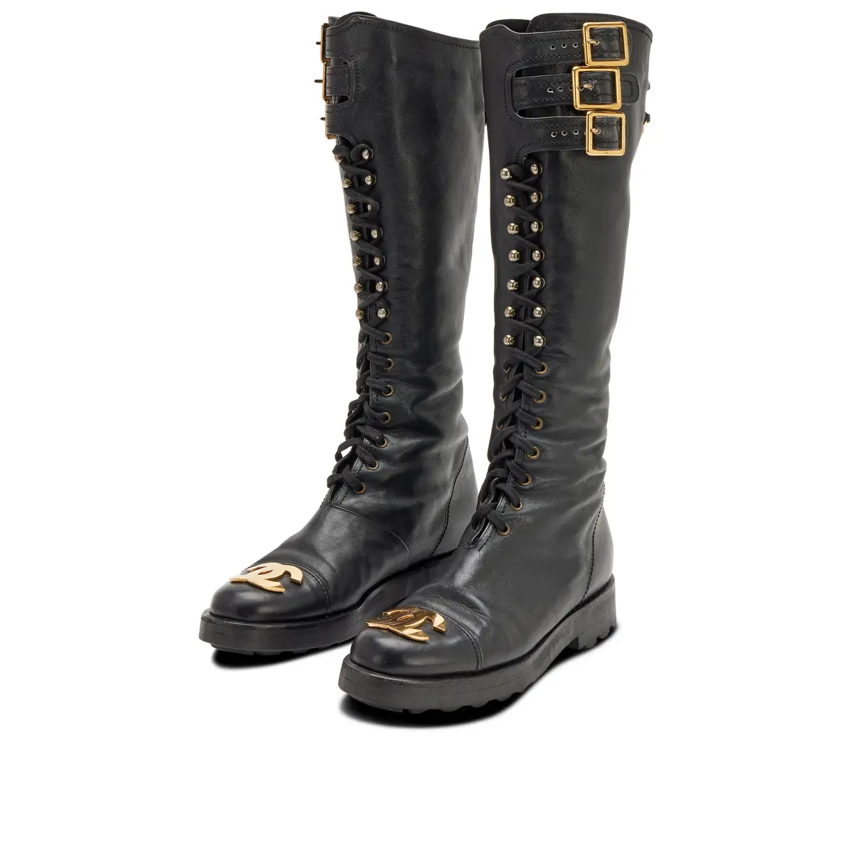 Vintage Black Leather Moto Lace-Up Tall Combat Boots with Gold-Plated