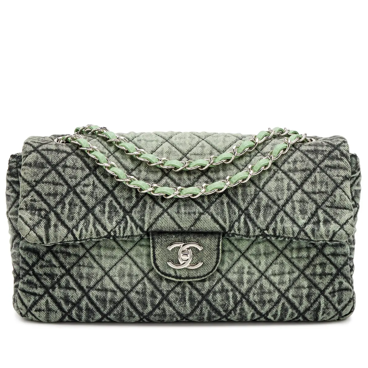 Green and Black Quilted Denim Denimpression Large Flap Bag Silver