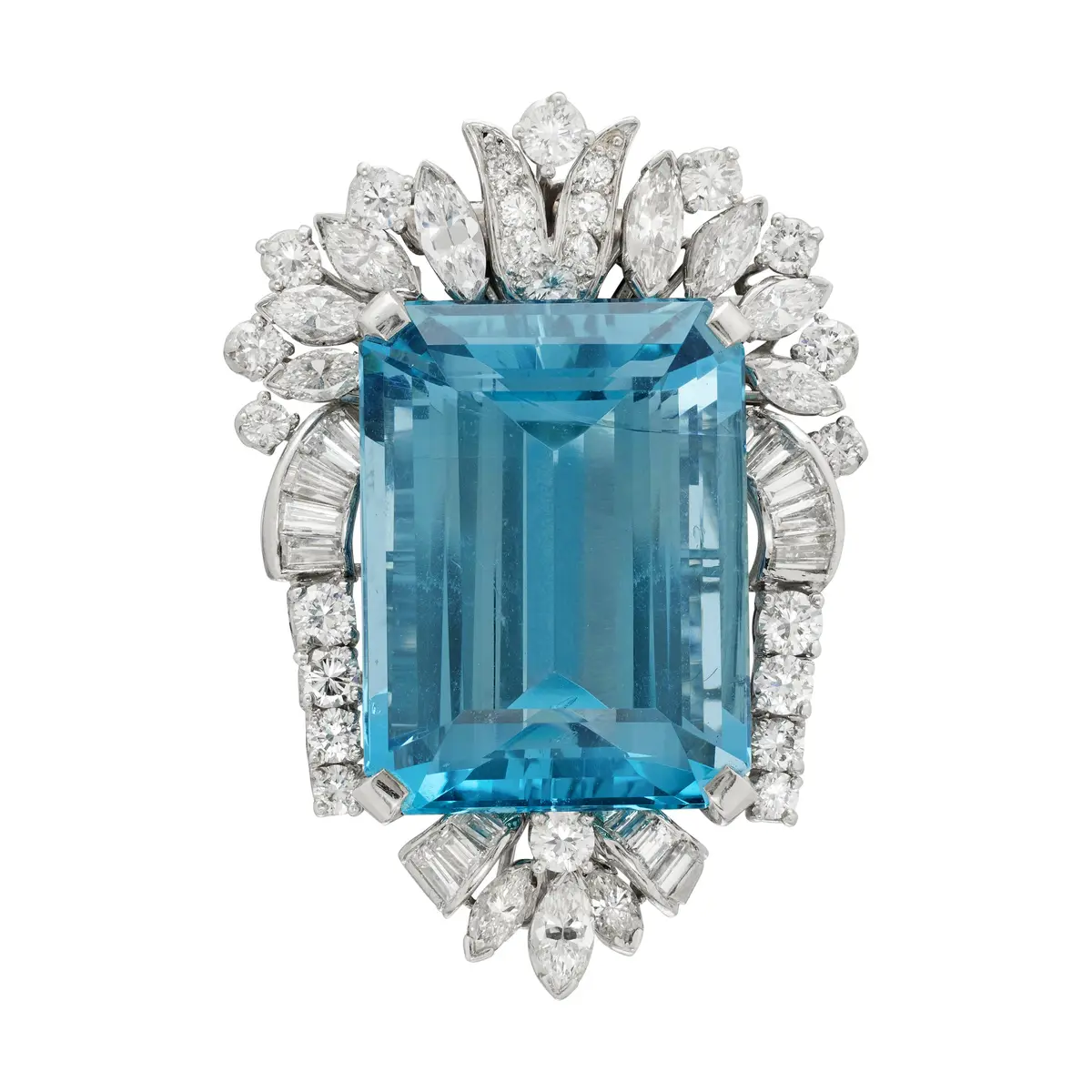 Vintage Platinum, 27.00ct Aquamarine and Diamond Brooch