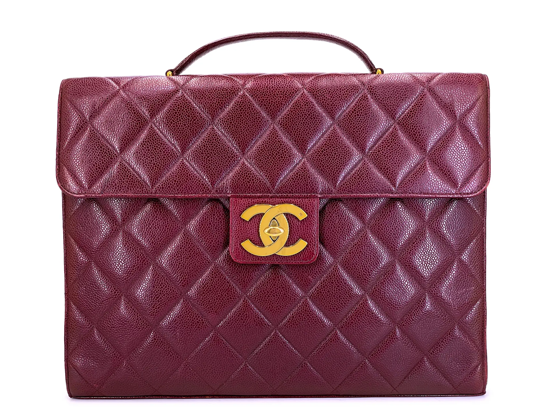 Vintage Wine Burgundy Quilted Caviar Briefcase Tote Bag Gold Hardware