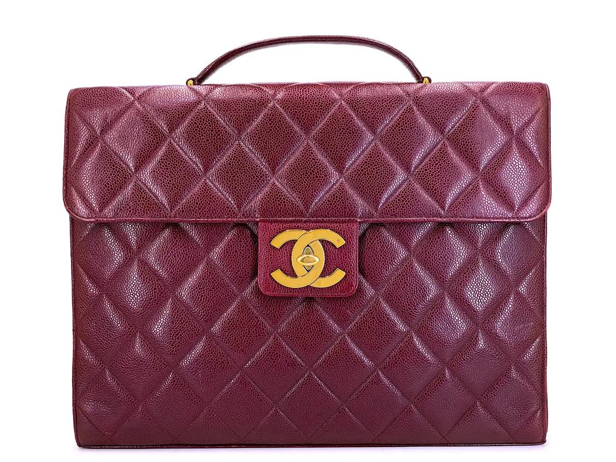 Vintage Wine Burgundy Quilted Caviar Briefcase Tote Bag Gold Hardware