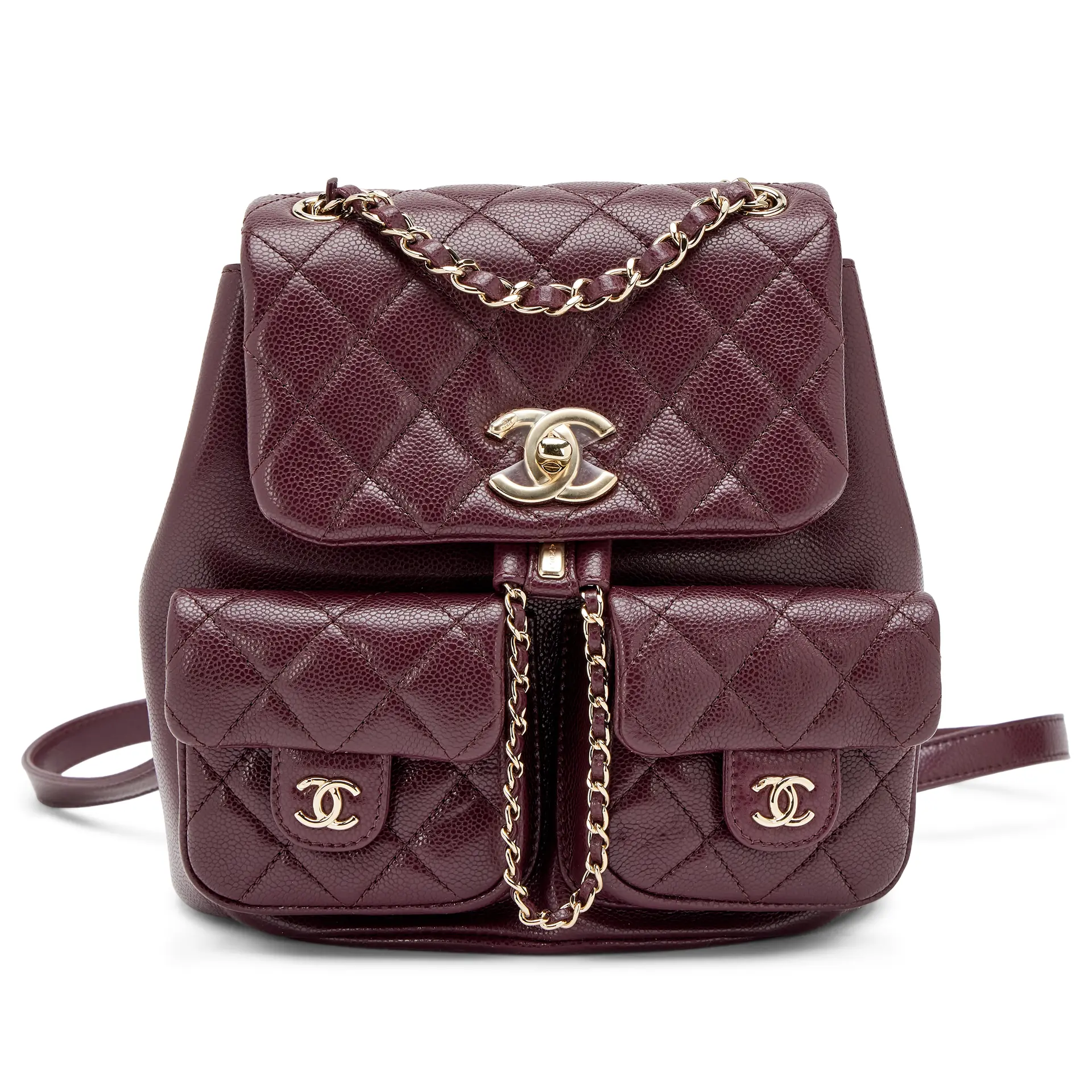 Burgundy Quilted Caviar Medium Duma Pockets Drawstring Backpack Light