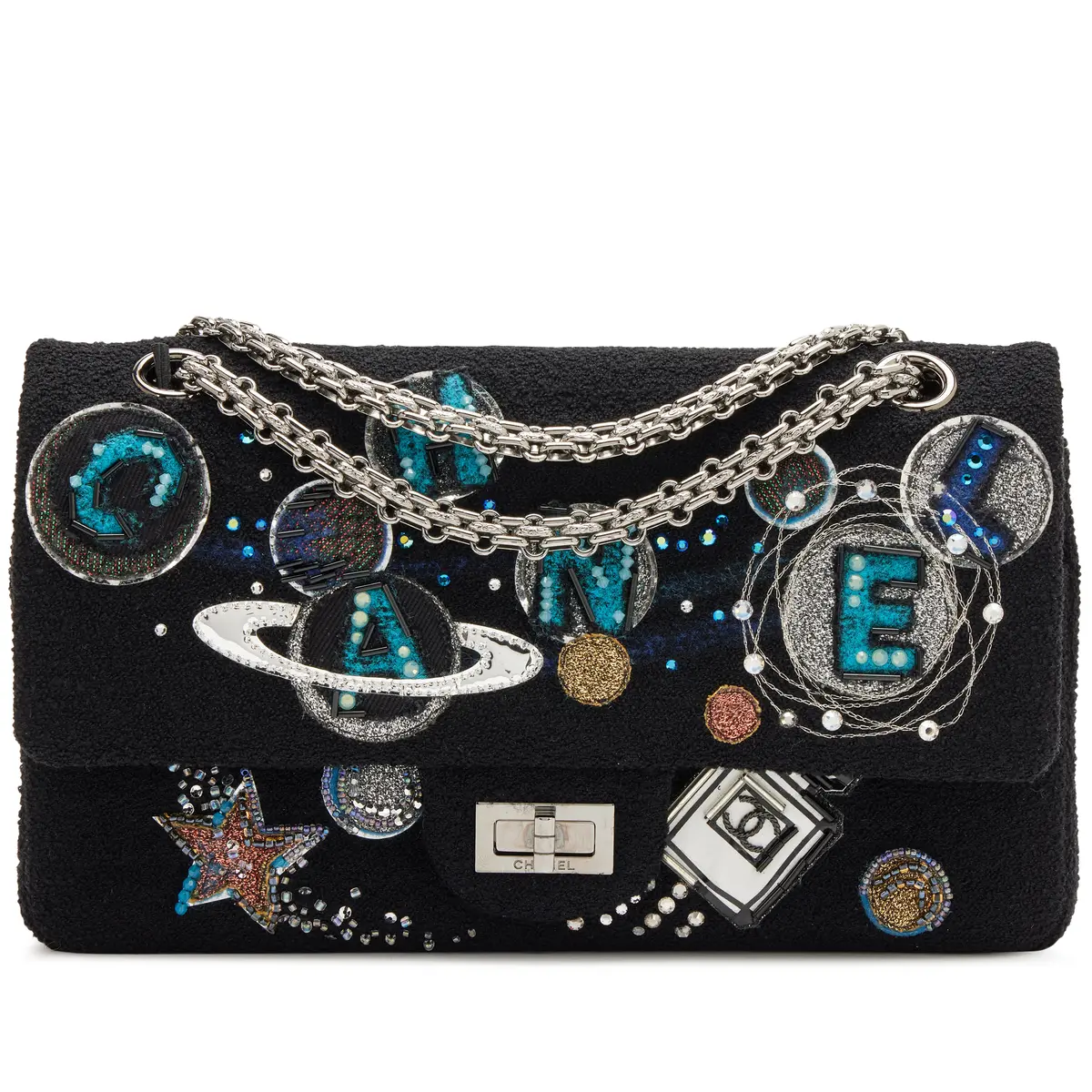 Black Crystal Bead Embellished Boucle Tweed Space Charms 2.55 Reissue