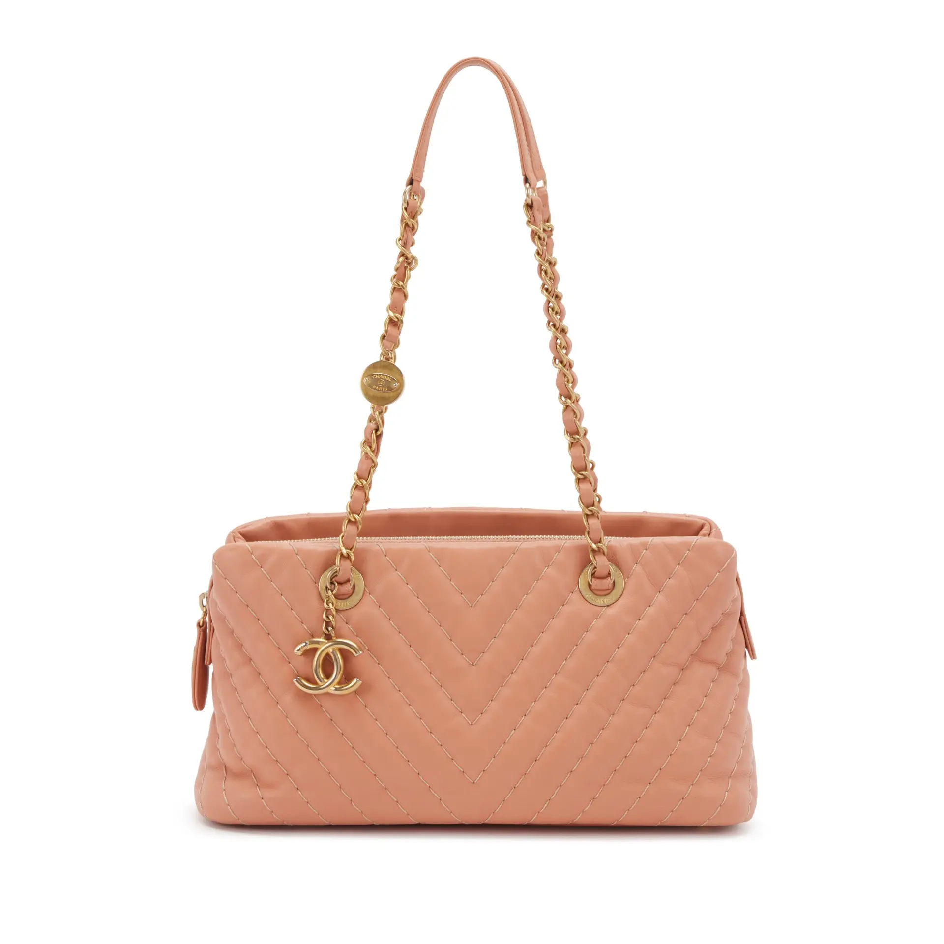Peach Chevron Quilted Calfskin Medallion Charm Tote Gold Hardware, 2012