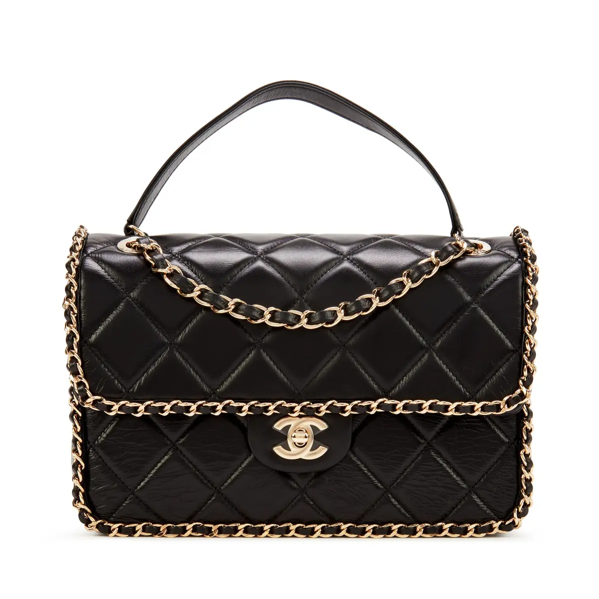 Black Quilted Aged Calfskin Medium Chain Around Single Flap Gold Hardware, 2020