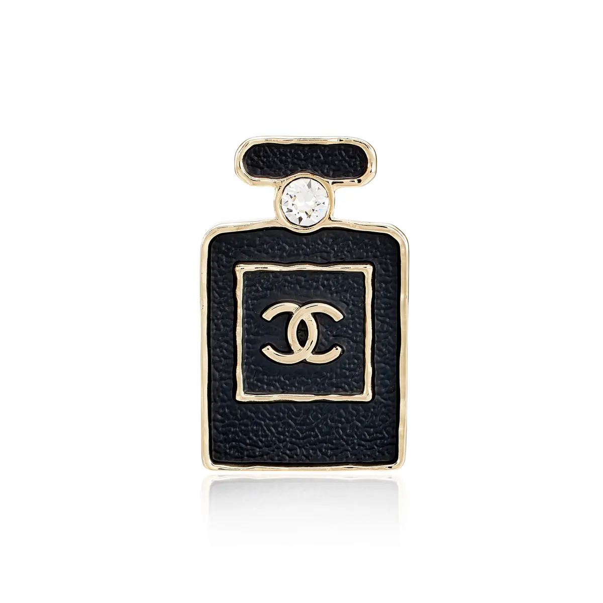 Crystal, Black Leather and Pale Gold Metal CC Perfume Bottle Brooch