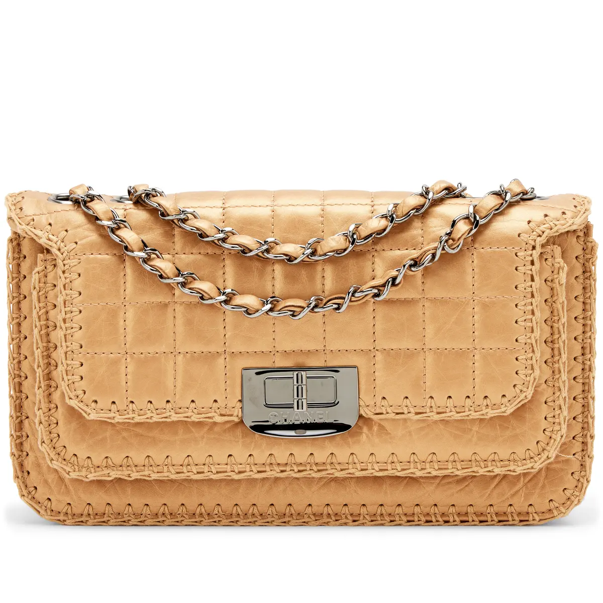 Metallic Gold Calfskin Mademoiselle Lock Whipstitch Flap Bag Ruthenium