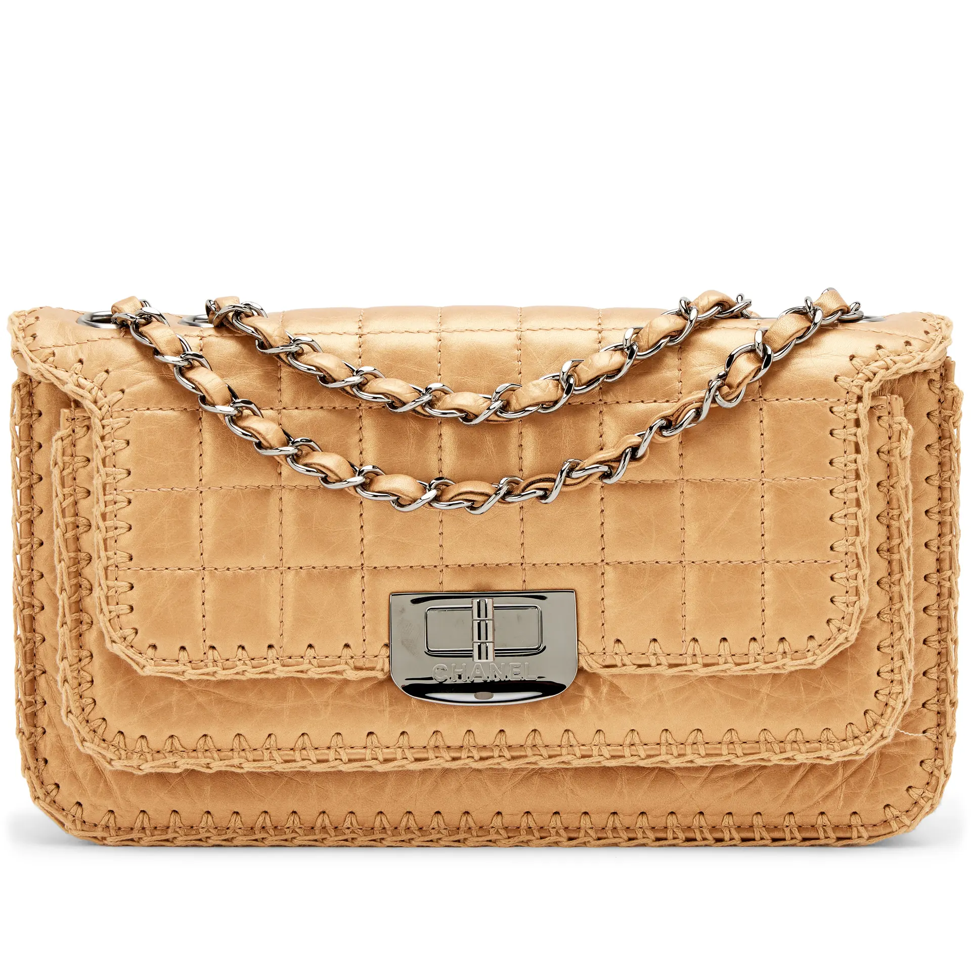 Metallic Gold Calfskin Mademoiselle Lock Whipstitch Flap Bag Ruthenium