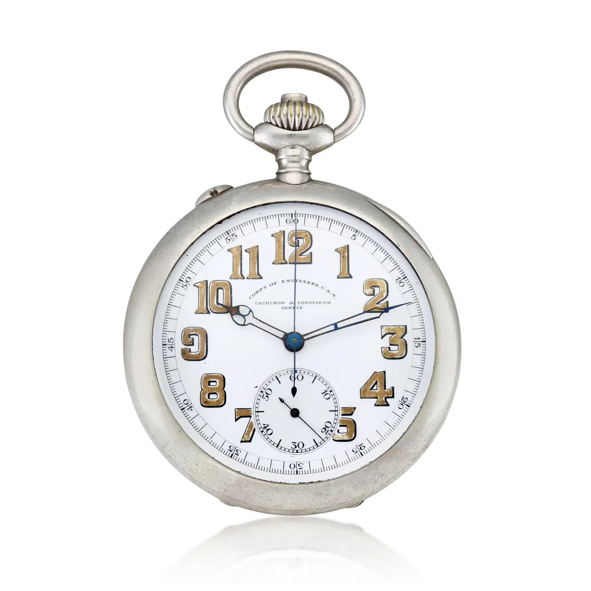 A silver single button chronograph mechanical watch with enamel dial.