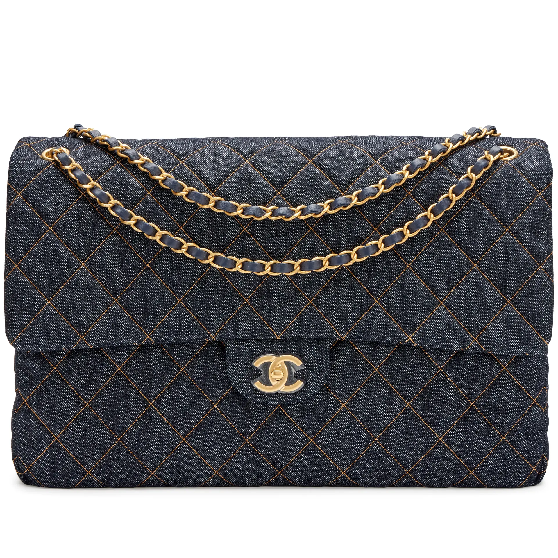 Dark Blue Quilted Denim XXL Classic Single Travel Flap Bag Brushed