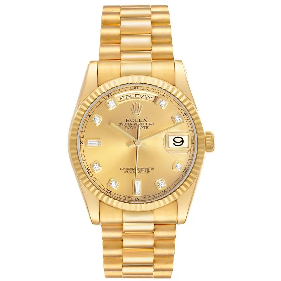 President Day-Date (Reference 118238). A 36mm yellow gold diamond-set