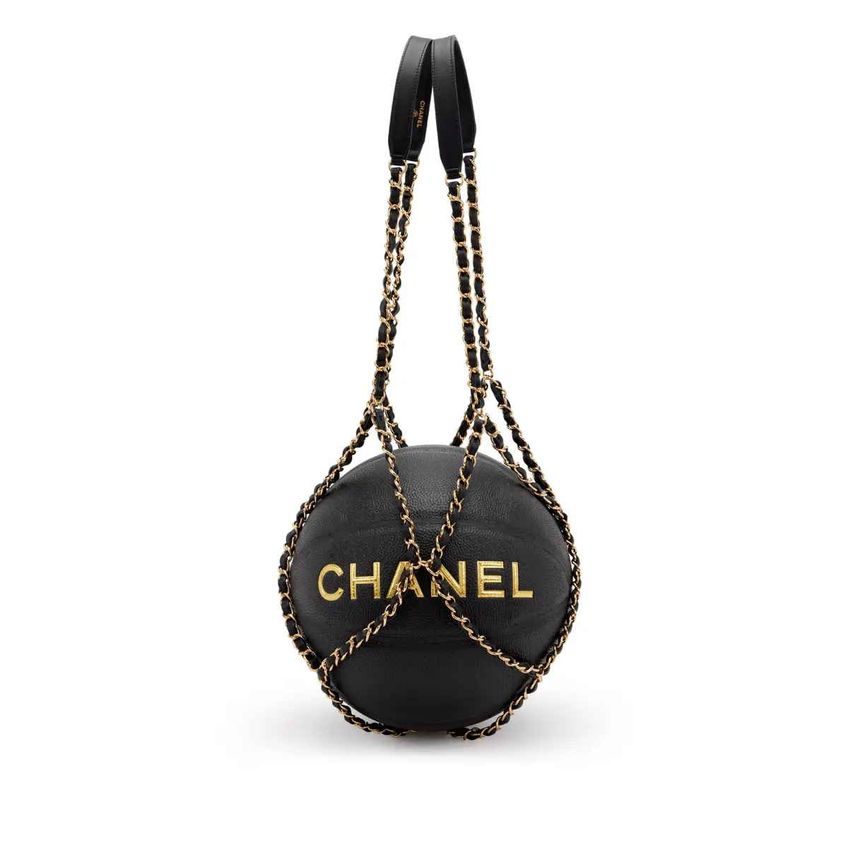 Gold and Black Rubber Basketball and Black Calfskin Chain Net Gold