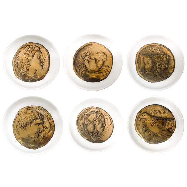 N 6 piattini ornamentali Fornasetti "Banca di Messina", XX secolo