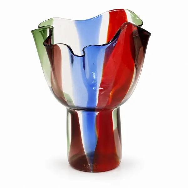Vaso Kukinto in vetro soffiato a fazzoletto con decoro a fasce policrome