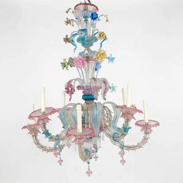 Lampadario in vetro di Murano policromo a 8 luci