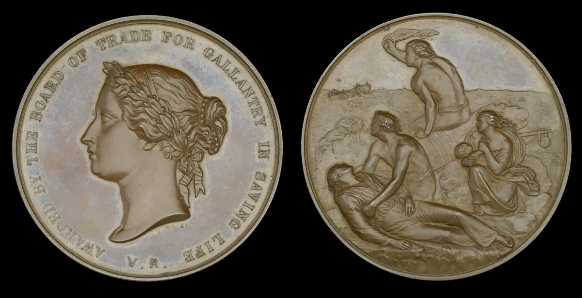 A Bronze Sea Gallantry Medal awarded to Boatman John Kelcher, for