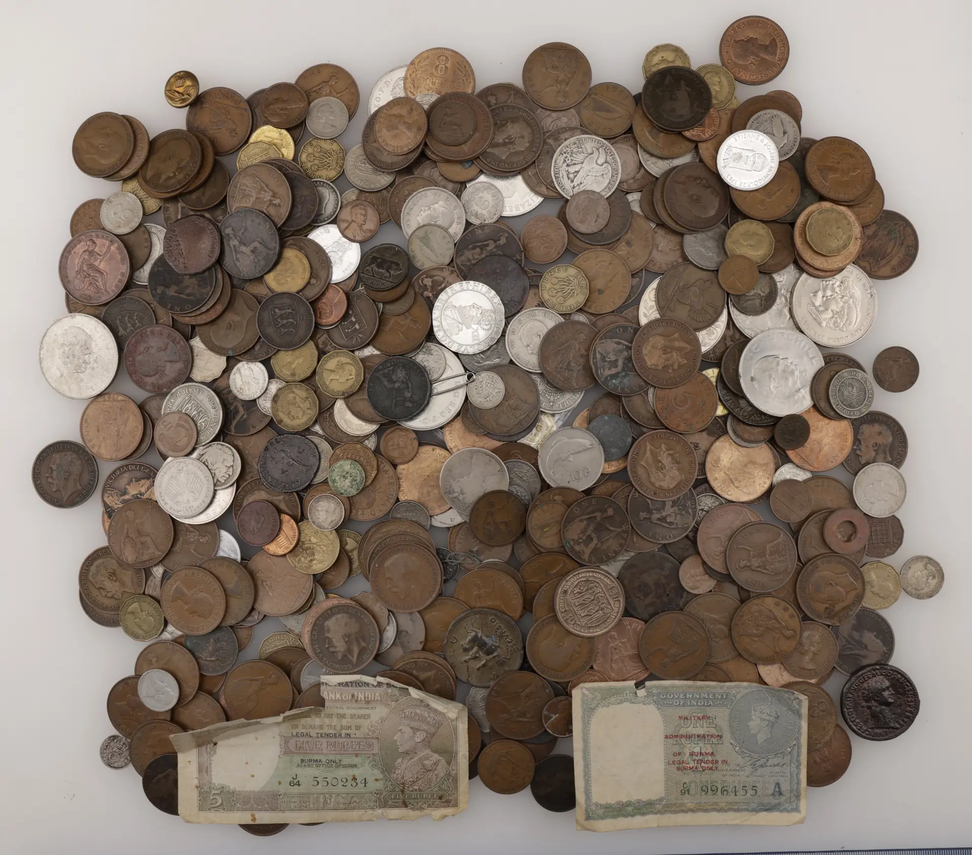 Anne, Shilling, 1711; George II, Twopence, 1797; Victoria, Double-Florins