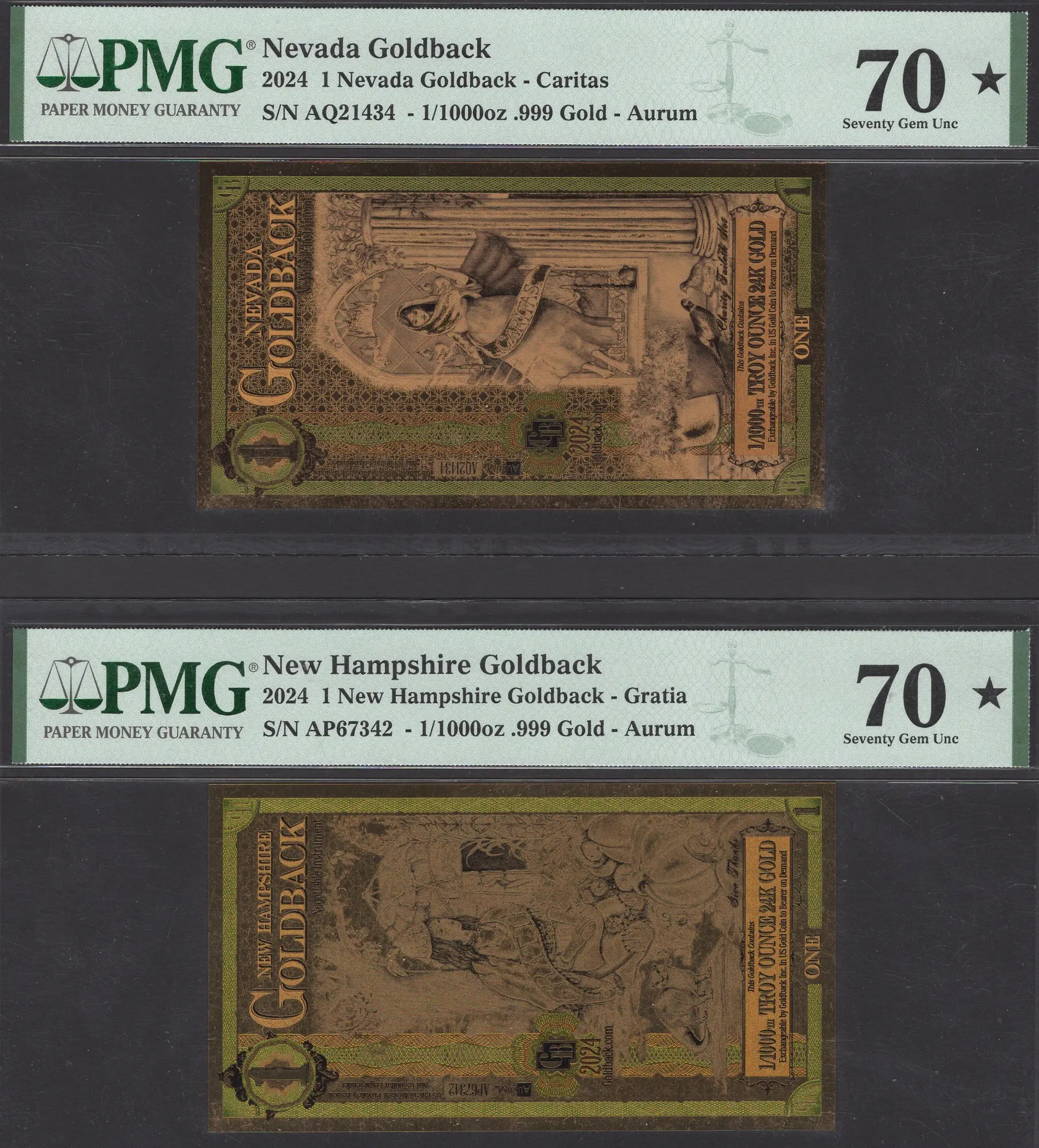 A small set of Goldbacks from several US states, including 1 Nevada