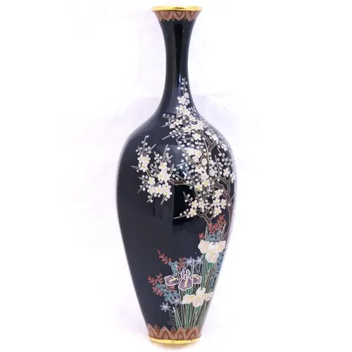 A JAPANESE CLOISONNE BLUE IRIS-CHERRY BLOSOM VASE BY OTA KI...