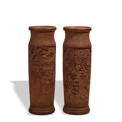 A GOOD PAIR OF CARVED BAMBOO CYLINDER VASES QING DYNASTY, 19...