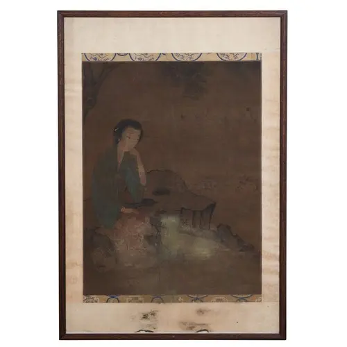 A COURT LADY SEATED BESIDE A ROCKSCROLL PAINTING, 19TH CENTU...