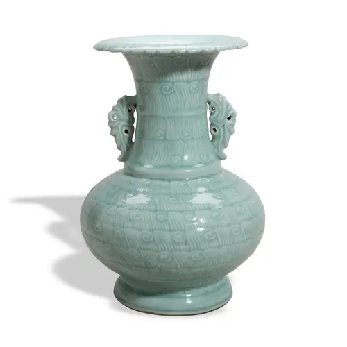 A CELADON-GLAZED TWO-HANDLED VASE QIANLONG SIX-CHARACTER SEA...