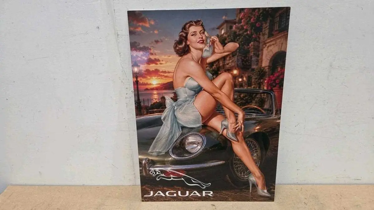 JAGUAR PIN UP GIRL STEEL REPRO SIGN 22" X 16"