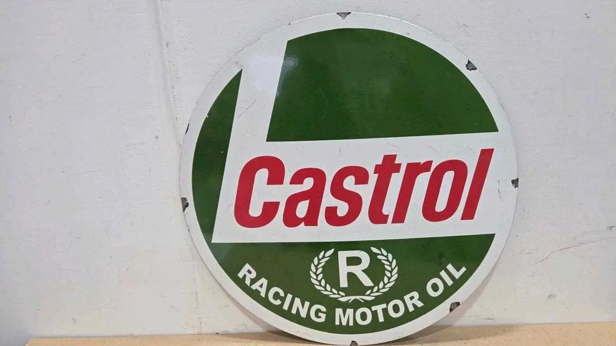 CASTROL RACING MOTOR OIL , REPRO ENAMEL SIGN 30" DIA