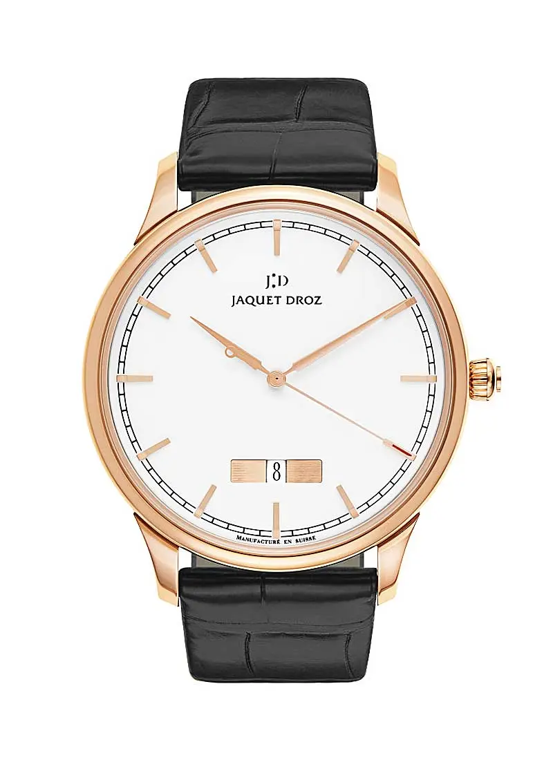 Jaquet Droz Grande Heure Minute Quantieme Ivory Enamel 18K Rose Gold