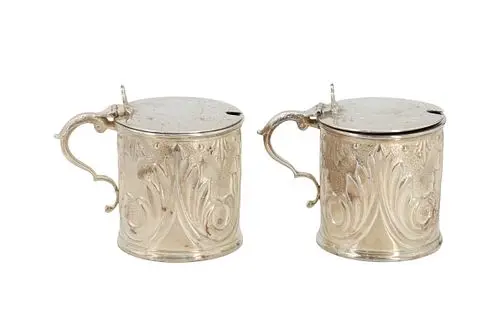 Pair of Antique English Victorian Sterling Silver Drum-Style Mustard