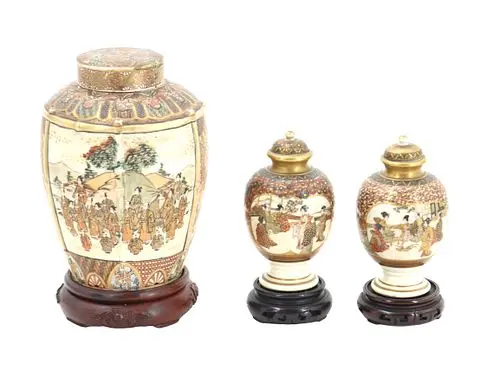 (3) Japanese Meiji Period Satsuma Pottery Covered Jars