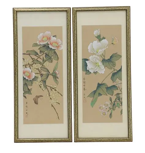 (2) Vintage Chinese Watercolor on Silk Floral Scroll Paintings