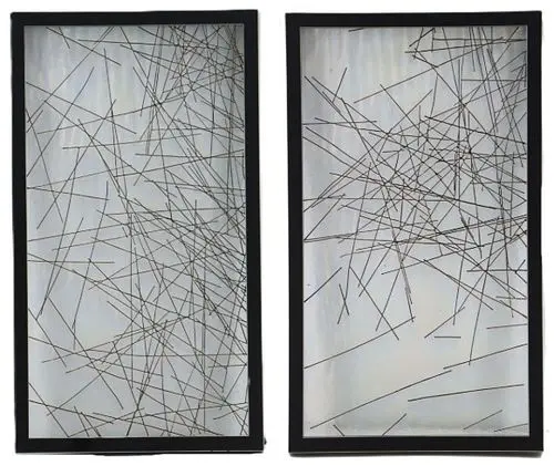 Pair of Modern Framed Flat Iridescent Glass and Metal Wall Art Sculptures