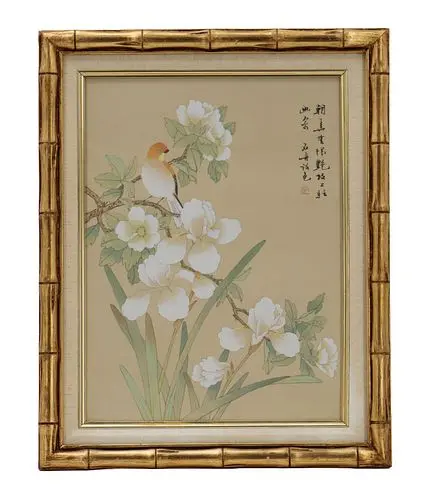 Chinese Gongbi Bird and Branch Watercolor on Silk