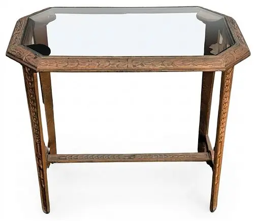 Vintage Art Deco Gilt Cast Iron Side Table with Smoke Glass Insert