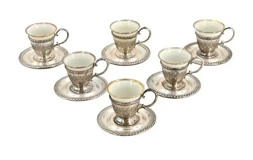 (6) German Demitasse Set with Sterling Reticulated Cup Holders & Saucers