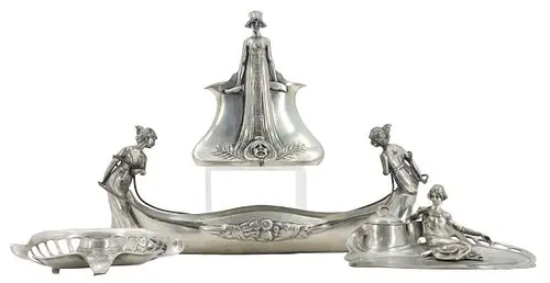 4-Piece German Art Nouveau (Jugendstil) Pewter Tableware & Desk Accessories Set